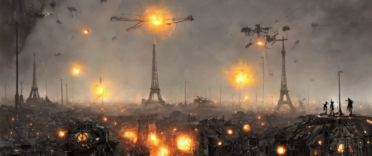 Prompt: war of the worlds, giant mech attack paris, human soldiers, intense fighting, glowing lights!! digital painting, very detailed, art by jakub rozalski