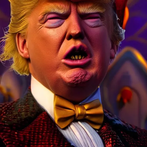 Image similar to portrait of donald trump as willy wonka in morrowind, fantasy, warcraft, warhammer, splash art, movie still, cinematic lighting, dramatic, octane render, long lens, shallow depth of field, bokeh, anamorphic lens flare, 8 k, hyper detailed, 3 5 mm film grain