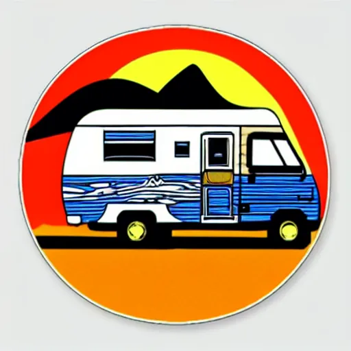 Image similar to sticker of a white and black cute thor chateau! motorhome camper!!, mountains, colorful sunset!!, sticker!! by tom whalen