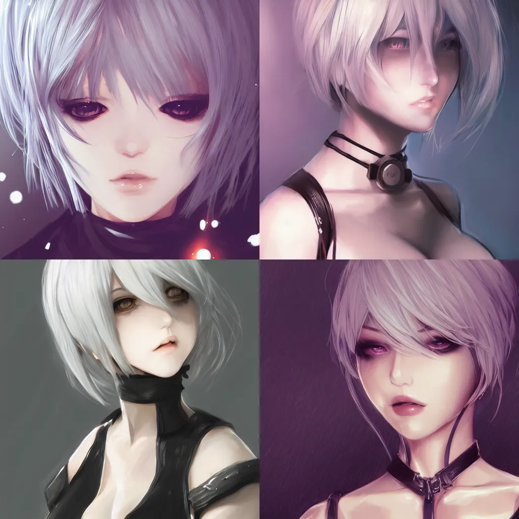 Prompt: 2 b from nier automata, accurate anatomy, pretty face, face close - up, highly detailed, digital art, concept art, stunning, centered, portrait, colored vibrantly, particles, illustrated by wlop