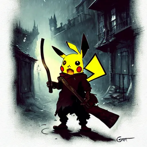 Image similar to pikachu in a back alley wielding a machete and a blunderbuss, art by greg rutkowski, in the style of bloodborne, intricate, elegant, highly detailed, smooth, sharp focus, artstation