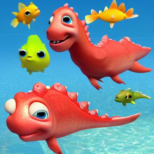 Image similar to aquatic baby fish dinosaurs rendered by pixar