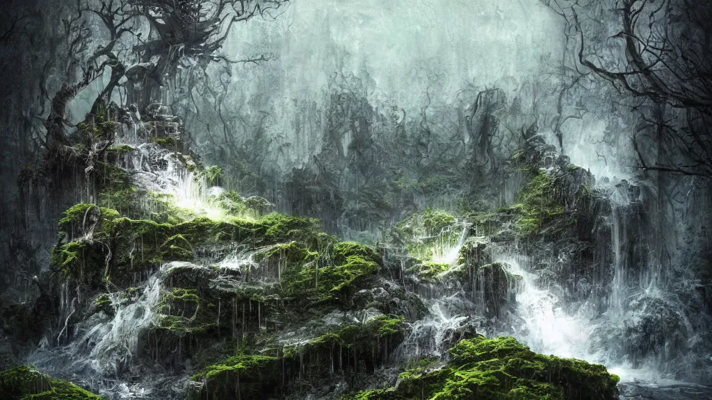 Prompt: darksouls, waterfall, moss, gnarly monolith with snakes, rain, digital painting, sharp, digital art by James Zapata and Jana Schirmer and Brad Rigney and Andres Rios