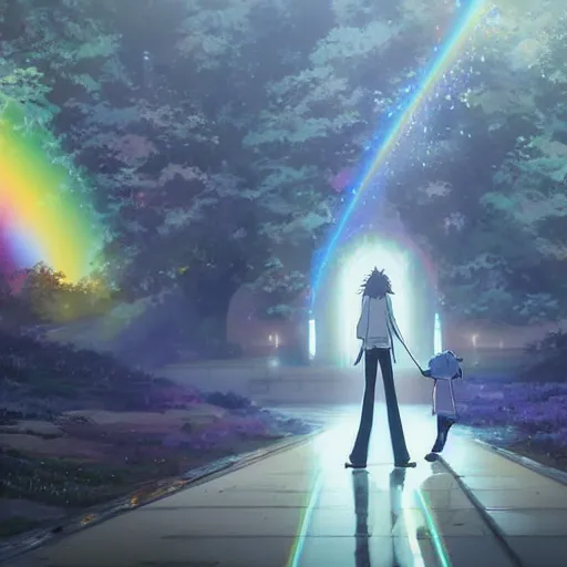 Prompt: rainbow wizard going to crossing a rainbow bridge, by Makoto Shinkai