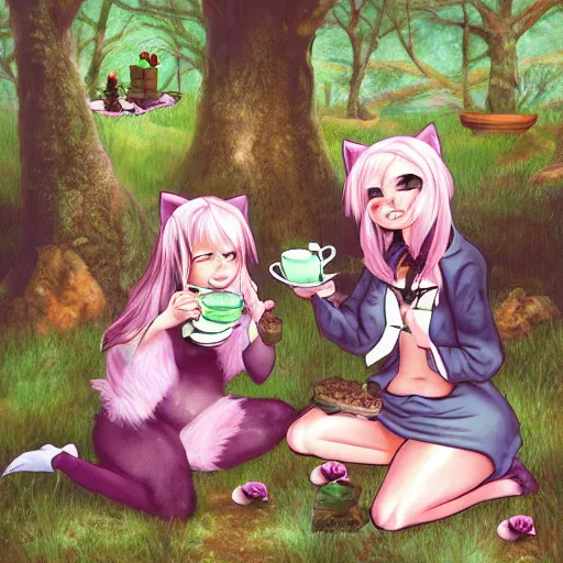 Prompt: grumpy catgirls in a forrest having a tea party fantasy detailed