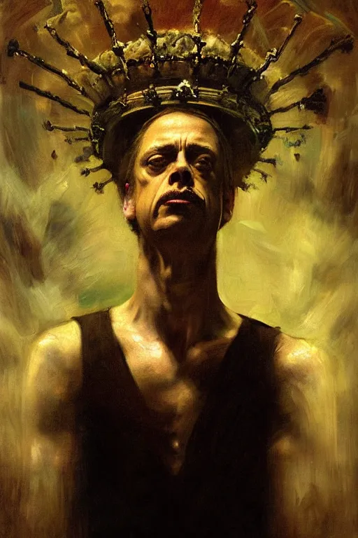 Image similar to beautiful detailed expressive impressionistic oil painting portrait of ancient roman god emperor steve buscemi levitating, ascending into the dark wearing the civic crown, renaissance painting, black background, art by anders zorn, wonderful masterpiece by greg rutkowski, expressive brush strokes, beautiful cinematic light, american romanticism by greg manchess, jessica rossier