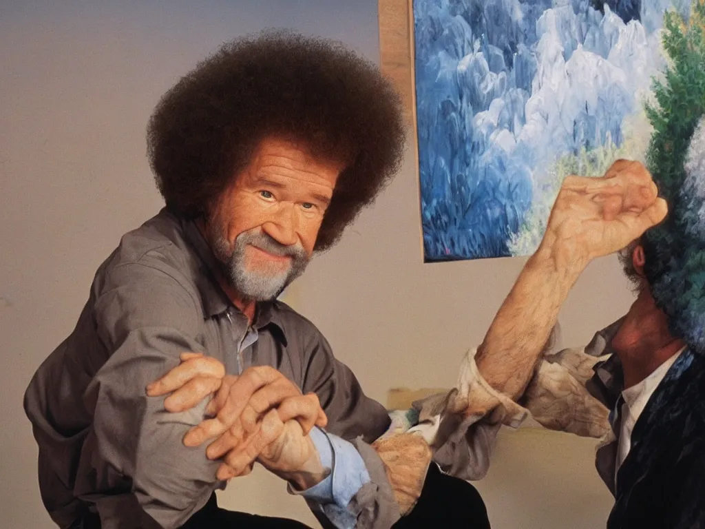 Image similar to bob ross crying with bob ross painting as a backdrop