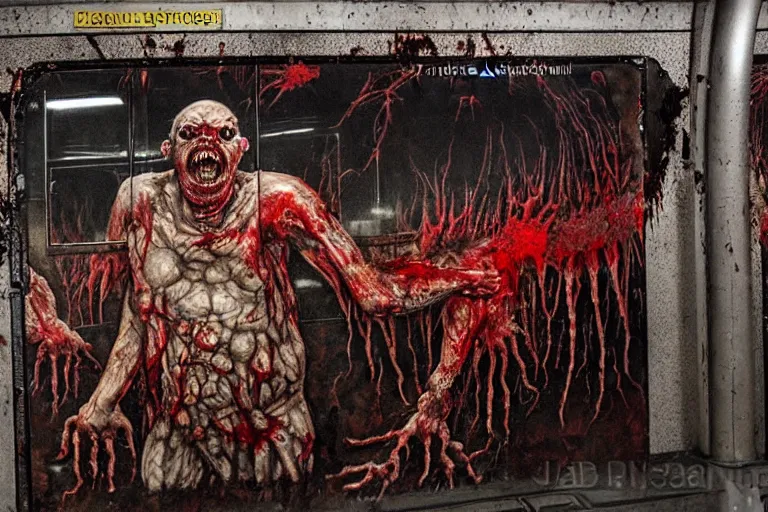 Image similar to very large giant mutant zombie irradiated angry rat sraying on railways in tonnel of moscow subway. extreme high detail, very realistic. low dark light, scary mood. hermann nitsch