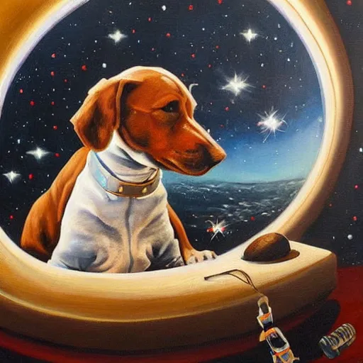 Image similar to a beautiful painting, dog in a space suite, by nikolay nekrasov, long shot