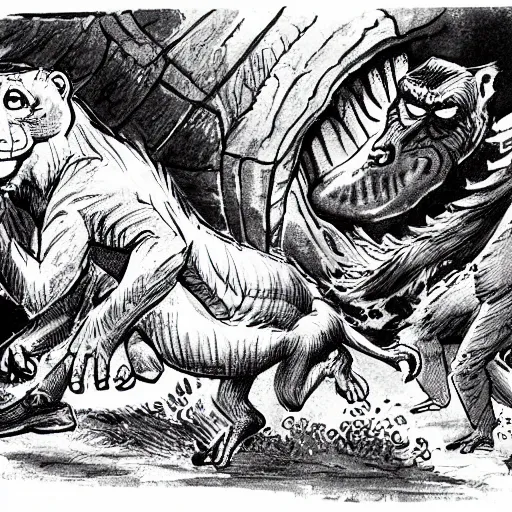 Image similar to A caricature illustration of hasbulla and a macaque running from dinosaurs, by mort drucker