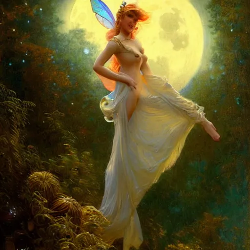 Image similar to attractive fairy magically floating high in the night, fantasy, full moon in background. highly detailed painting by gaston bussiere, craig mullins, j. c. leyendecker, mid shot, 8 k realistic, cryengine, frostbite 3 engine, sharp focus