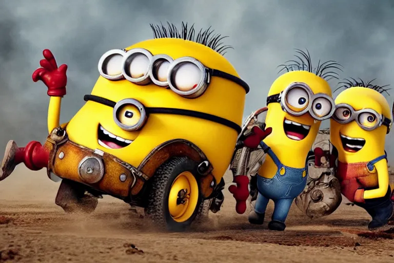 Image similar to a Minions vs super Mario , yellow and red, mechabot, in the Movie Mad Max: Fury Road 2015, epic sandstorm battle, action