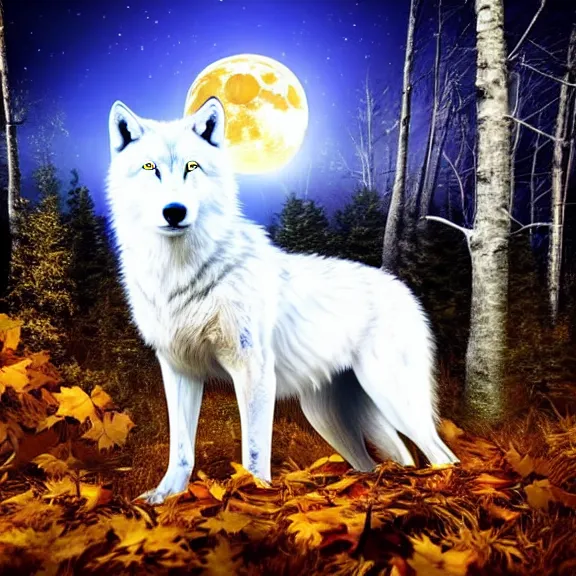 Image similar to white wolf with blue eyes stands in a dark night dormant autumn forest with magic moon in sky, no yellow color in eyes, no yellow color, realistic