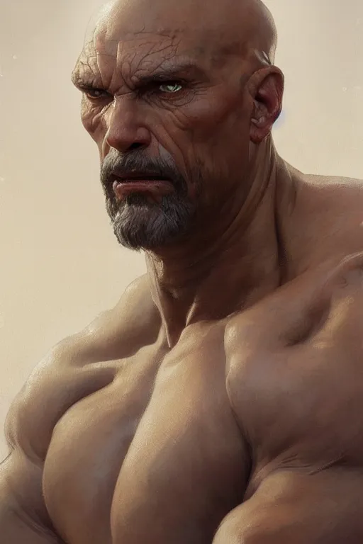 Prompt: a highly detailed portrait painting of a goliath, muscular, bald, grey skin, by greg rutkowski and alphonse mucha, sharp focus, matte, concept art, artstation, digital painting