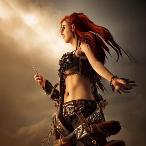 Prompt: full body pose, hyperrealistic photograph of a pirate woman, dim volumetric lighting, 8 k, octane beautifully detailed render, extremely hyper detailed, intricate, epic composition, cinematic lighting, masterpiece, trending on artstation, very very detailed, stunning, hdr, smooth, sharp focus, high resolution, award, winning photo, dslr, 5 0 mm