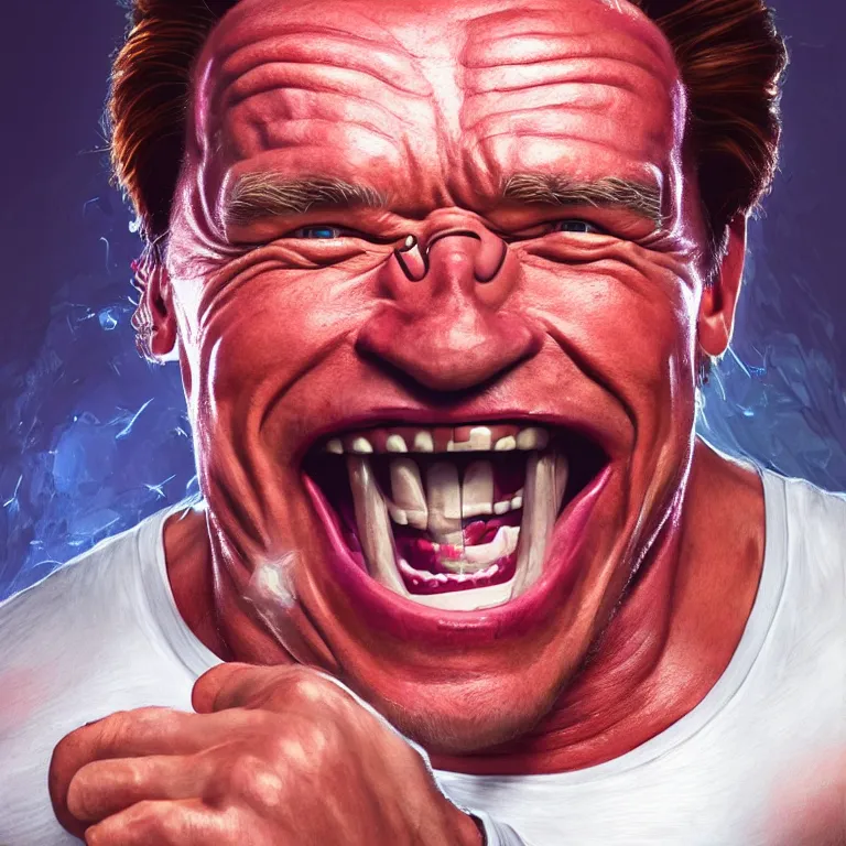 Image similar to Portrait of Arnold Schwarzenegger laughing hysterically with crazy eyes, hyperrealistic, concept art, illustration, 8k, cinematic, digital painting, very detailed, volumetric lighting, artstation, octane render