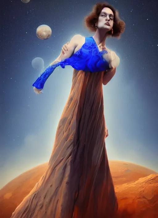 Image similar to full body portrait of beautiful goddess of mars theme inspired wearing blue and white carved details moving dress, she is floating in the air, planet mars in the background, open sky, 3 d realistic, octane render, mystical, orange fog, circle forms, iper realistic, cinematic light, paint on canvas, art by vlop