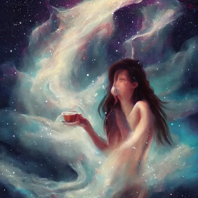 Prompt: a painting woman with dark hair full of cosmic nebulae drowning in a roiling ocean of coffee, flowing white sparkling robes, ethereal fireflies, nostalgic melancholic artwork, masterpiece, stunning, artstation