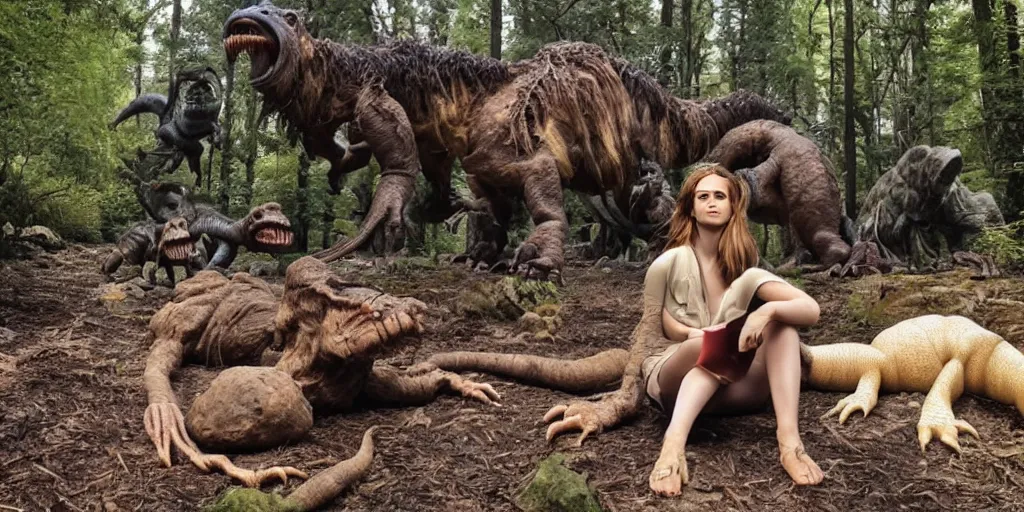 Image similar to photo, three hairy fat cave people, emma!! watson!!, looking at camera, surrounded by dinosaurs!, gigantic forest trees, sitting on rocks, bright moon, birthday cake on the ground, front close - up view of her face