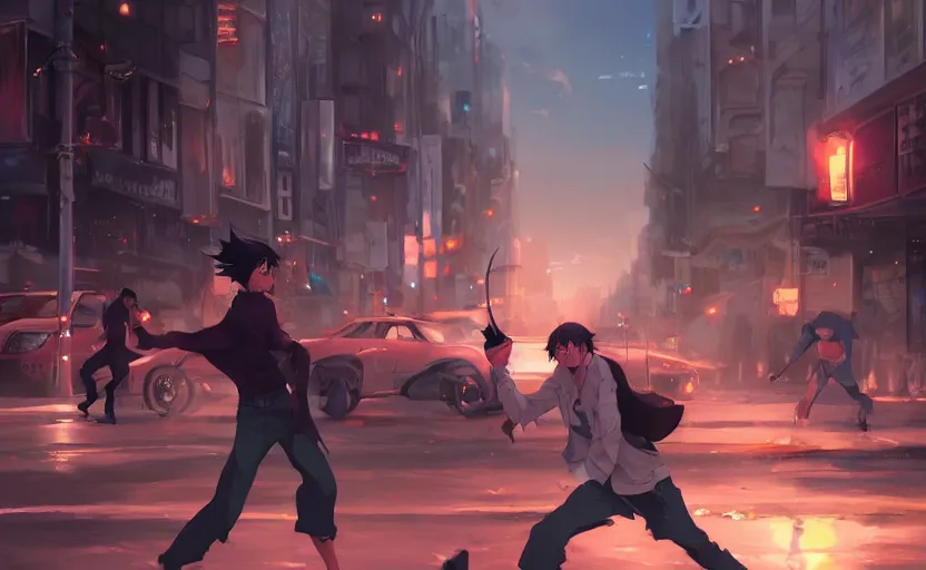 Image similar to a street fight, full shot, atmospheric lighting, detailed faces, by makoto shinkai, stanley artgerm lau, wlop, rossdraws