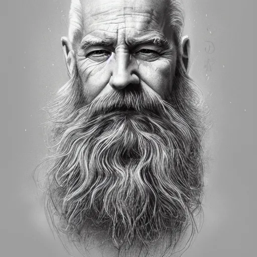 Prompt: a stunning ultra realistic pencil drawing of content old man with a long colourful beard, peaceful and graceful, by dirk dzimirsky and tom bagshaw, studio portrait, pencil, melancholic, catchlight in the eyes, 4K