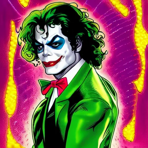 Image similar to dynamic macro head portrait of beautifu michael jackson as the joker in white sequined jacket by john romita sr and cory walker and ryan ottley and jack kirby and barry windsor - smith, comic, illustration, photo real