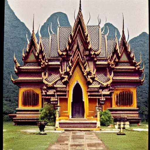 Prompt: gothic thailand, Architecture, buildings, Extreme long shot, extreme wide shot, Autochrome,