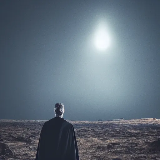 Image similar to man in torn black cloak in strange dark alien landscape with ash in the air at dusk