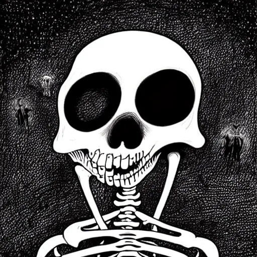 Prompt: black and white trippy comic art of a skeleton as death the grim reaper, lots of particles, drawn by Martin Rowson, salvador dali, Tim Burton, Studio Ghibli, Alex Pardee, Nekro Petros Afshar, James McDermott, cgsociety 4K