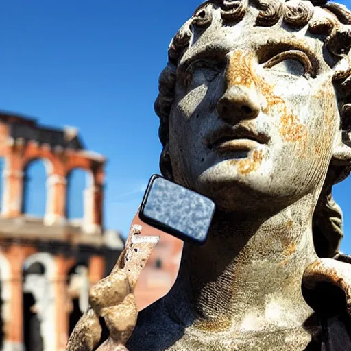Image similar to ancient roman statue taking a selfie, high quality