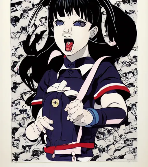 Prompt: portrait of happy energetic cute goth girl, Ryuko Matoi, wearing a sailor uniform, by Mike Mignola, chris bachalo, symmetrical, detailed face, 8k, print ready, black + white