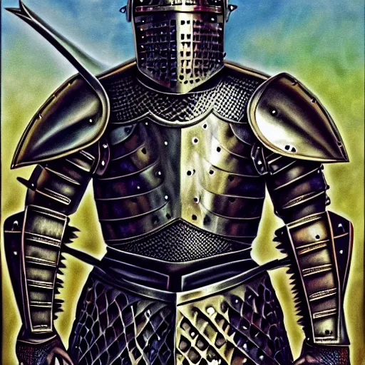 Prompt: medieval fantasy armored knight, by alex grey, TOOL band, detailed, 8K