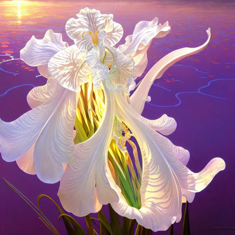 Prompt: detailed giant white holographic orchid iris hybrid flower surrounded by waves, lsd water, lsd ripples, droplets, backlit, sunset, refracted lighting, art by collier, albert aublet, krenz cushart, artem demura, alphonse mucha