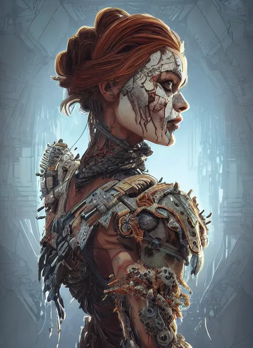 Image similar to symmetry!! portrait of zombie in the style of horizon zero dawn, machine face, intricate, elegant, highly detailed, digital painting, artstation, concept art, smooth, sharp focus, illustration, art by artgerm and greg rutkowski and alphonse mucha, 8 k