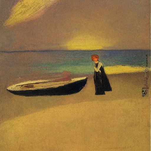 Image similar to a woman and her black and brown chihuahua at the sea with a boat in the distance by odilon redon