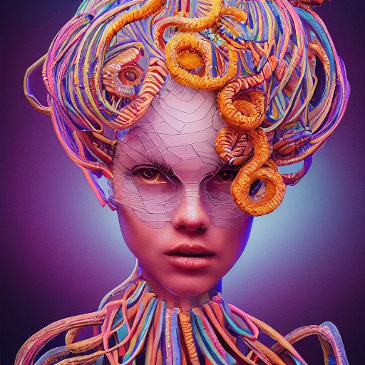 Image similar to the portrait of a ridiculously beautiful and elegant woman partially made of onion rings of all colors, an ultrafine detailed illustration by james jean, final fantasy, intricate linework, bright colors, behance contest winner, vanitas, angular, altermodern, unreal engine 5 highly rendered, global illumination, radiant light, detailed and intricate environment