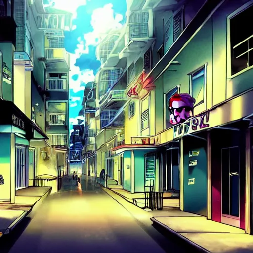 Prompt: key anime visual of a costal florida town at midnight, city streets vacant, very dark outside, black sky, modern anime style, official anime still