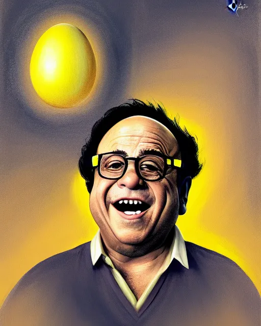 Image similar to painting portrait of danny devito as an egg, cartoon, warm lighting, danny devito has an egg body, movie poster, illustration by bartek fedyczak, erak note, tooth wu, neil richards, kan liu, siwoo kim, jisu choe, trending on art station