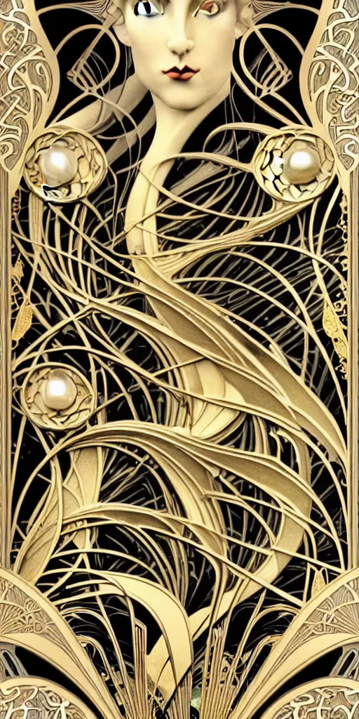 Prompt: the source of future growth dramatic, elaborate emotive Art Nouveau styles to emphasise beauty as a transcendental, seamless pattern, symmetrical, large motifs, 8k image, supersharp, metallic reflective surfaces, glittery iridescent and black colors with gold accents, perfect symmetry, Art nouveau curves and swirls, iridescent, pearlescent, High Definition, sci-fi, Octane render in Maya and Houdini, light, shadows, reflections, photorealistic, masterpiece, smooth gradients, high contrast, 3D, no blur, sharp focus, photorealistic, insanely detailed and intricate, cinematic lighting, Octane render, epic scene, 8K