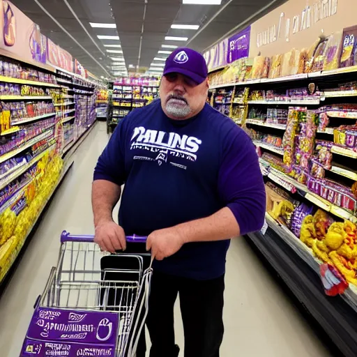 Prompt: thanos grumpily waiting in line at walmart grocery store, holding a baguette, photograph, 16mm f/1.4, 4k