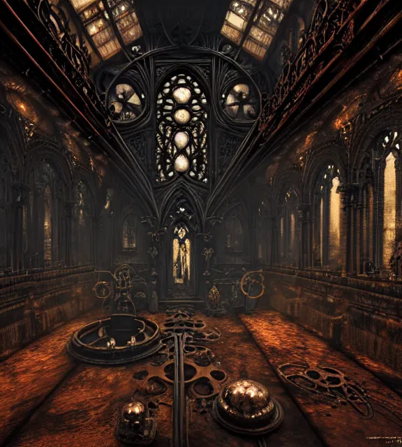 Image similar to steam necropolis, memento mori, gothic, neo - gothic, art nouveau, hyperdetailed copper patina medieval icon, stefan morrell, philippe druillet, ralph mcquarrie, concept art, steampunk, unreal engine, detailed intricate environment, octane render, moody atmospherics, volumetric lighting, ultrasharp, ominous, otherworldly