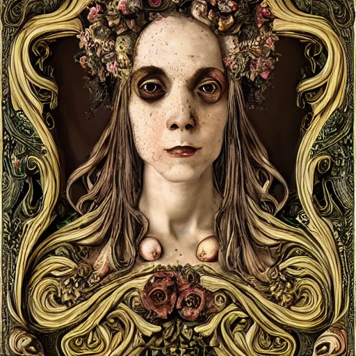 Image similar to a beautiful detailed front view baroque portrait of a rotten woman corpse with fractal plants and fractal flowers and mushrooms growing around, intricate, symmetrical, ornate, ornamentation, bones, illustration, in the style of art nouveau