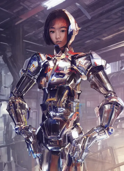 Prompt: a young attractive Asian woman wearing mecha armor inside a sci-fi hangar, dramatic pose, chrome, glowing LEDs, wires and cables, highly detailed, photorealistic, volumetric lighting, digital art, octane render, in the style of Artgerm and Tom Bagshaw