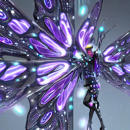 Prompt: futuristic spaceship technology made of butterfly wings and crystal circuitry, cyberpunk noir, digital art