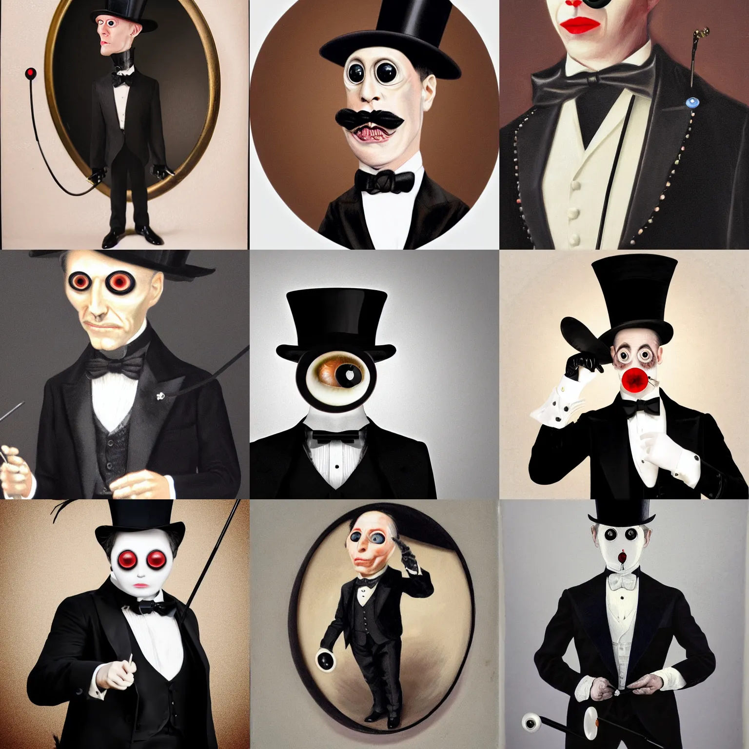 Prompt: hyperreal lifelike portrait of eyeball headed gentleman, impeccably dressed in elegant black tailcoat tuxedo and top hat with theatrical walking cane, large round spherical eyeball with veiny bloodshot orb