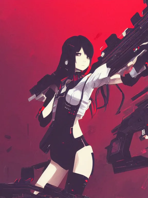 Image similar to a female character with a gun and a red background, cyberpunk art by muqi, featured on pixiv, rayonism, sci - fi, pixiv, official art