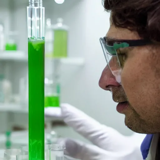 Prompt: a scientist looking at a test tube full of green liquid in a lab