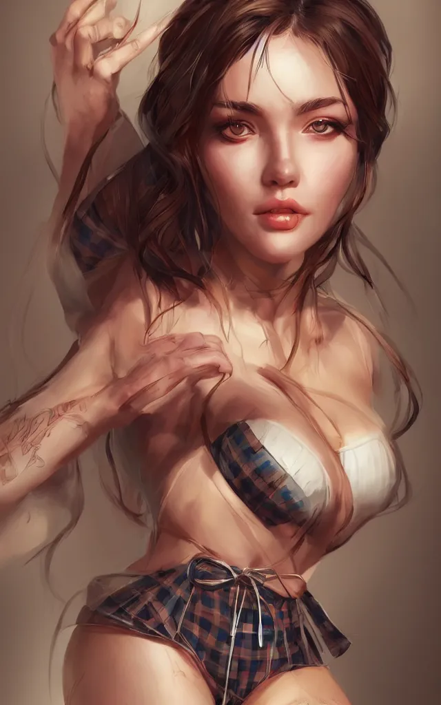 Image similar to a beautiful woman with sultry honey eyes, wearing plaid pleat shorts and drawstring shirred tube top, stunning, highly detailed, digital painting, artstation, hard focus, art by artgerm and wlop