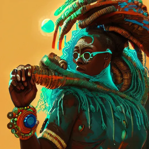 Prompt: an afrofuturistic sci-fi shaman, detailed, trending on artstation