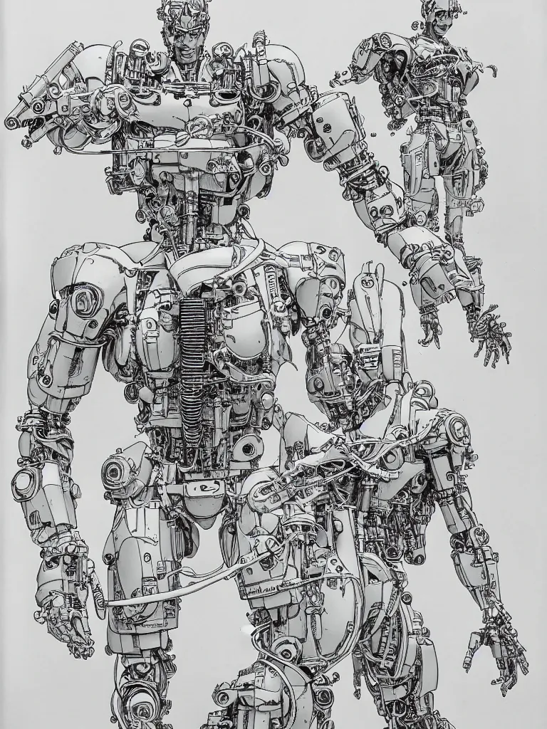 Image similar to prompt: Fragile looking figure, portrait face drawn by Katsuhiro Otomo, full body character drawing, inspired by Evangeleon and Akira 1988, cyborg and wire details parts with details, clean ink detailed line drawing, intricate detail, manga 1990, golden ration composition